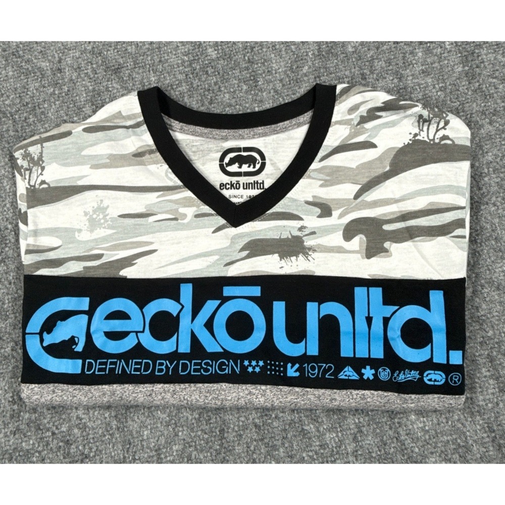 Ecko Unltd Mens S Grey Camo Blue‎ Logo V Neck Graphic Streetwear T Shirt NWT